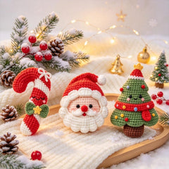 Handmade Crochet Christmas Ornament Set, Cute Amigurumi Gift Box, Santa Candy Cane Tree House Bell Candle, Tiered Tray Decor, Christmas Gift