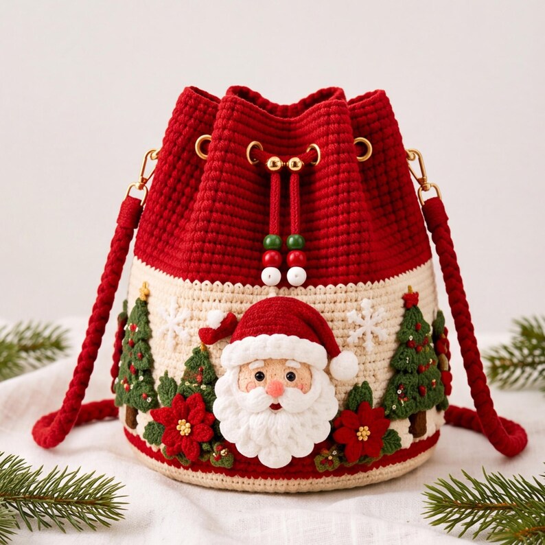 Christmas Crochet Bucket Bag, DIY Crochet Kit or Finished Crossbody Bag, Handmade Santa Reindeer Holiday Bag