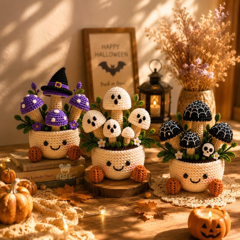 Halloween Crochet Mushroom Decor Ghost Witch Bat Pumpkin Collection