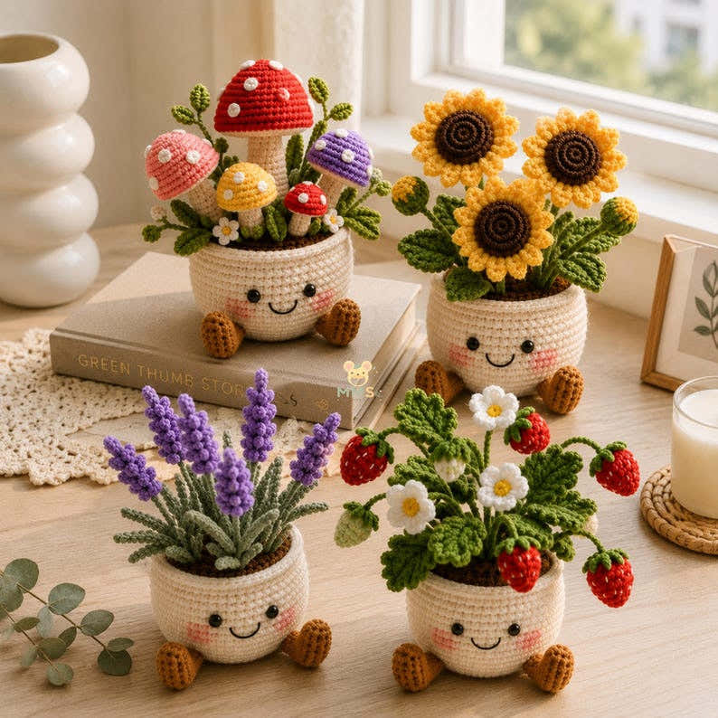Crochet Flower Pot Set with Mushroom Sunflower Lavender Strawberry Rose Tulip Designs