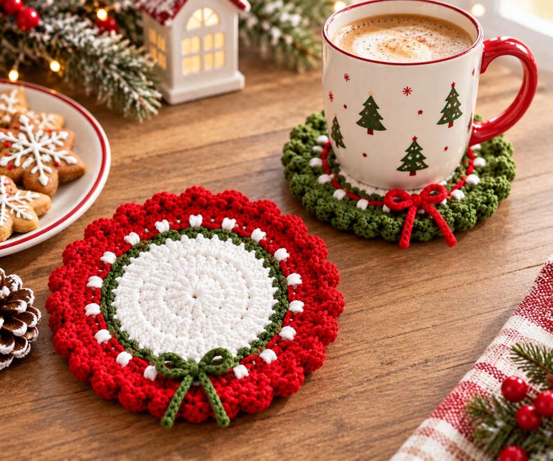 Merry Christmas Wreath Crochet Coaster, Handmade Holiday Coasters, Crochet Santa Coaster, Christmas Crochet Decor, Holiday Mug Rug