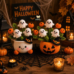 Crochet Ghost Flower Pot Halloween Desk Decor | Spooky Amigurumi with Pumpkin Flowers