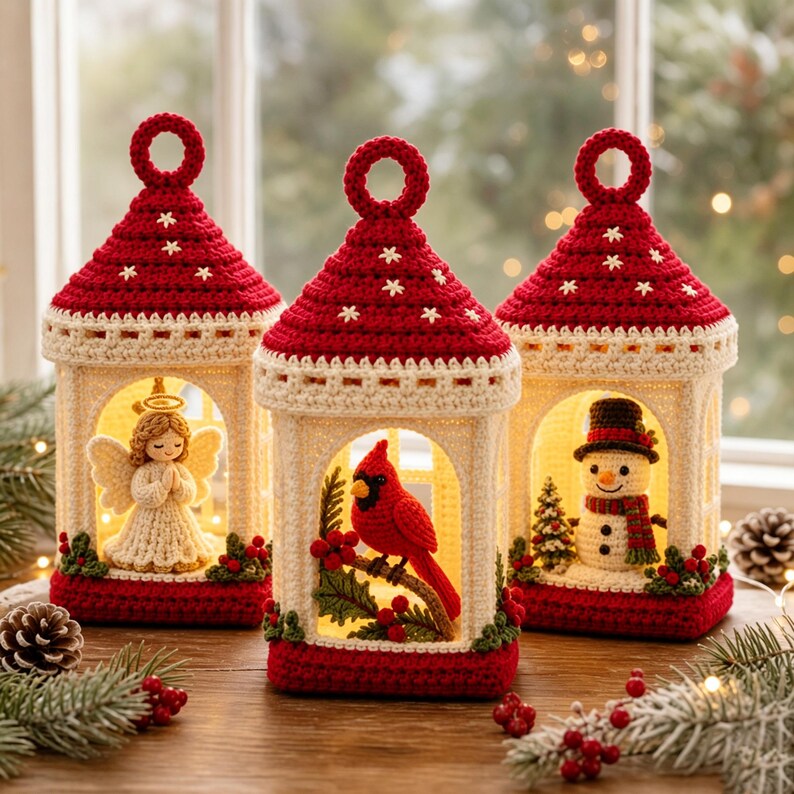 Handmade Crochet Christmas Lantern,Amigurumi Decor,Cardinal Bird,Snowman,Angel,Xmas Home Decor,Farmhouse Holiday Table Ornament,Xmas Gift