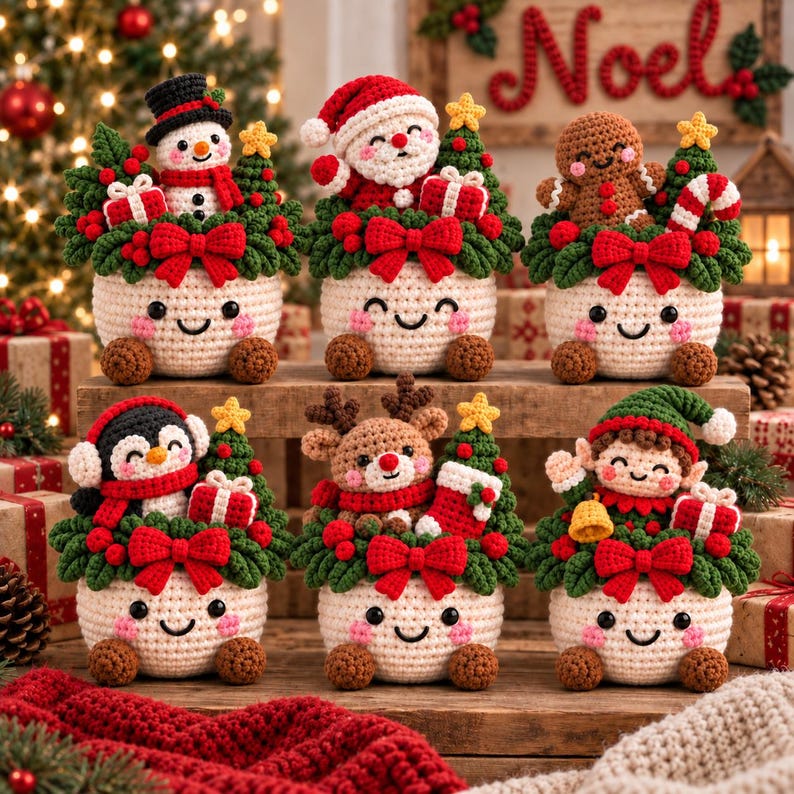 Crochet Xmas Planter, Christmas Amigurumi Basket, Cute Holiday Shelf Sitter, Santa Snowman Tree Decor, Festive Table Centerpiece, Xmas Gift