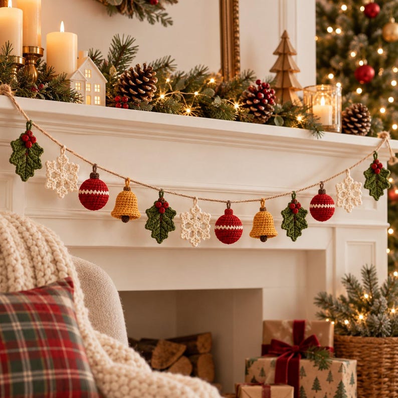 Crochet Christmas Garland, Handmade Mantel Decor, Holly Snowflake Bell Ornaments, Holiday Fireplace Bunting