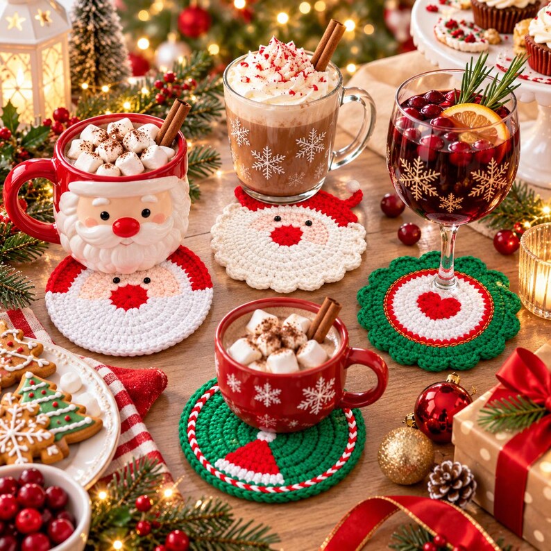Handmade Crochet Christmas Coasters, Cute Animal Mug Rugs, Holiday Mug Rugs, Kawaii Table Decor, Gift for Coffee Lovers