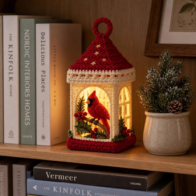 Handmade Crochet Christmas Lantern,Amigurumi Decor,Cardinal Bird,Snowman,Angel,Xmas Home Decor,Farmhouse Holiday Table Ornament,Xmas Gift