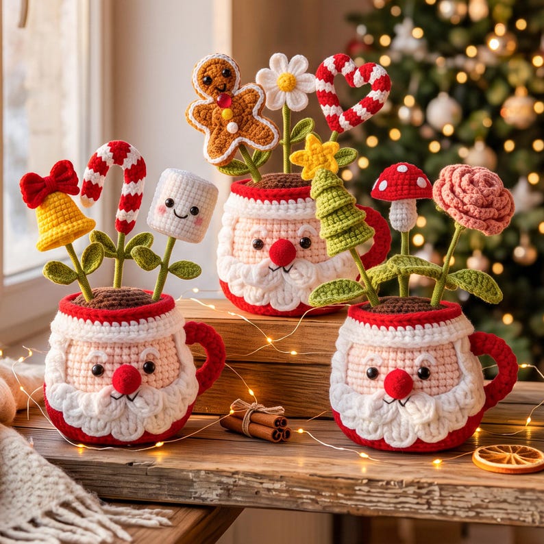 Crochet Christmas Plant Pot, Christmas Decor Gift ,Christmas Amigurumi, Festive Desk Ornament