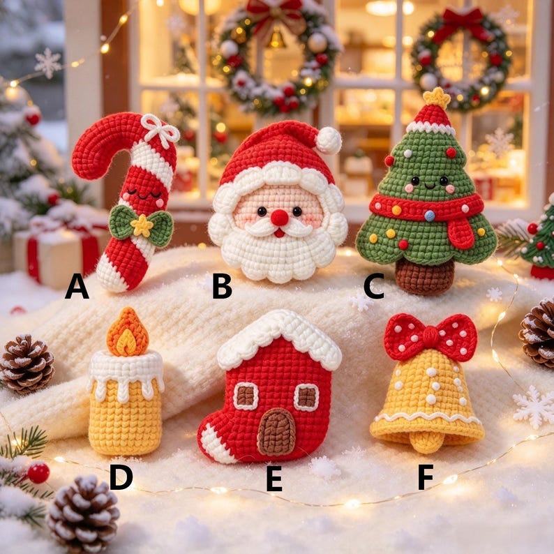 Handmade Crochet Christmas Ornament Set, Cute Amigurumi Gift Box, Santa Candy Cane Tree House Bell Candle, Tiered Tray Decor, Christmas Gift