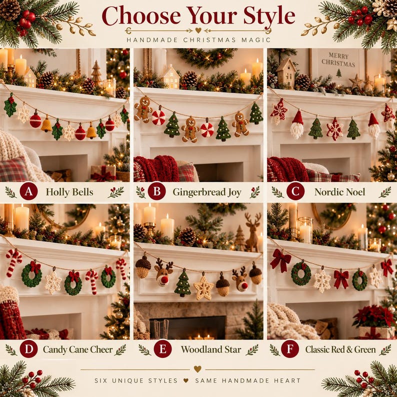 Crochet Christmas Garland, Handmade Mantel Decor, Holly Snowflake Bell Ornaments, Holiday Fireplace Bunting