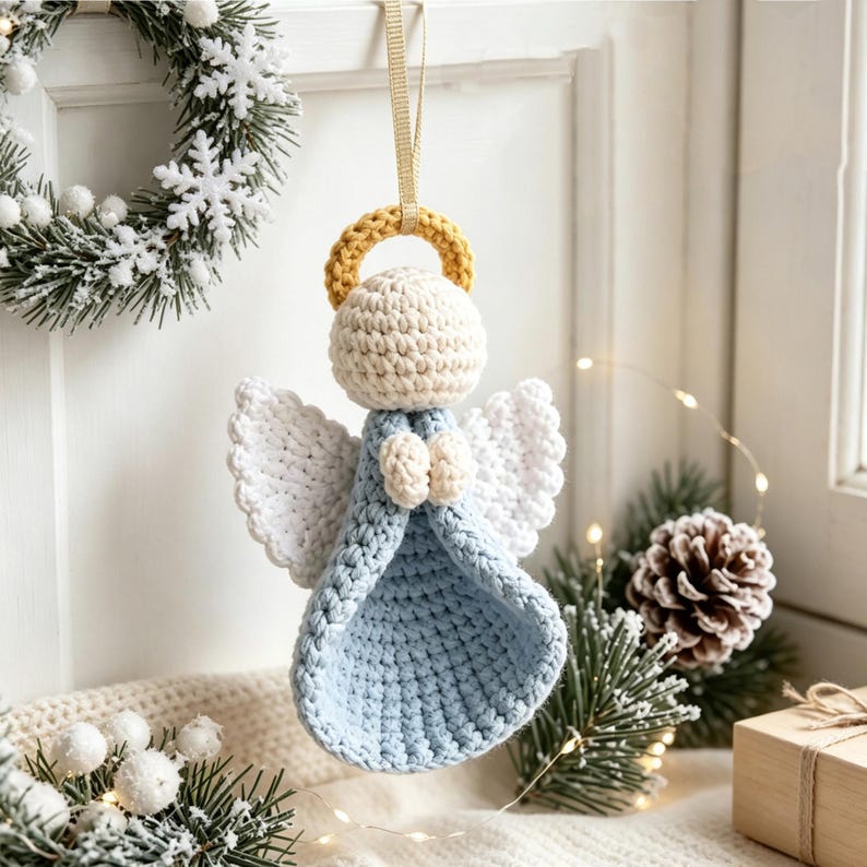 DIY Crochet Angel Christmas Ornament Kit,Step‑by‑Step PDF Pattern Tutorial,Handmade Xmas Tree Hanging Decor,Finished Crochet Angel Keychain