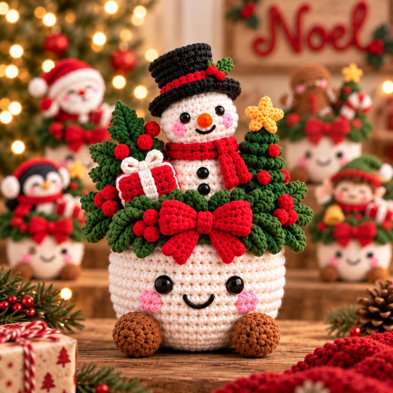 Crochet Xmas Planter, Christmas Amigurumi Basket, Cute Holiday Shelf Sitter, Santa Snowman Tree Decor, Festive Table Centerpiece, Xmas Gift