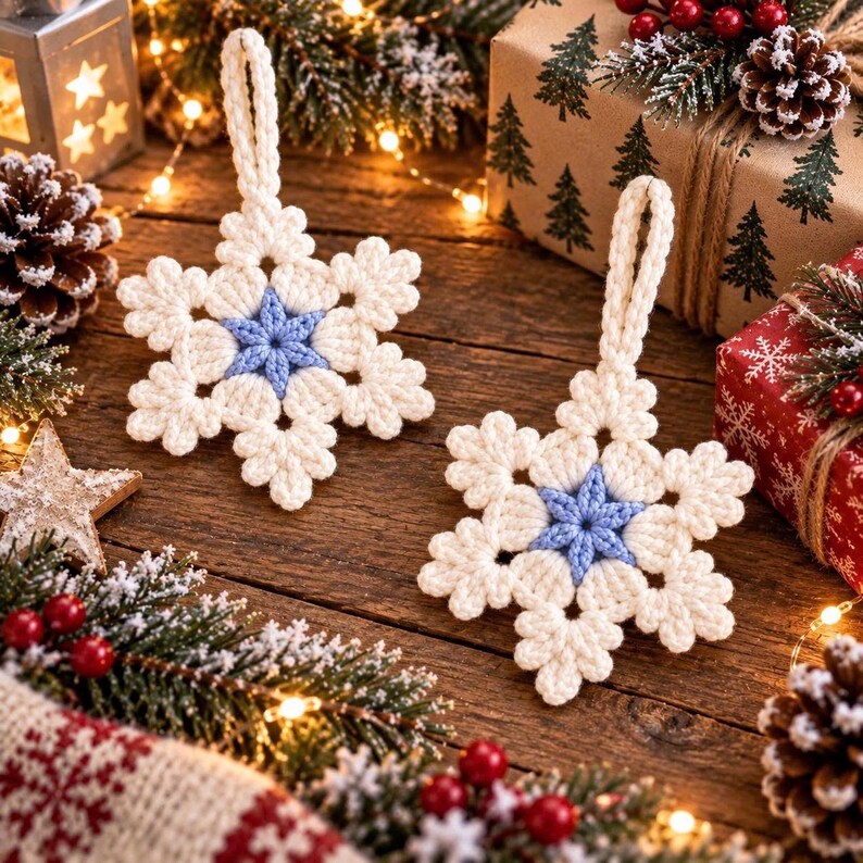 Crochet Snowflake Ornaments Set of 6 or 8, Handmade Christmas Tree Decorations, White Winter Decor, Small Hanging Snowflakes
