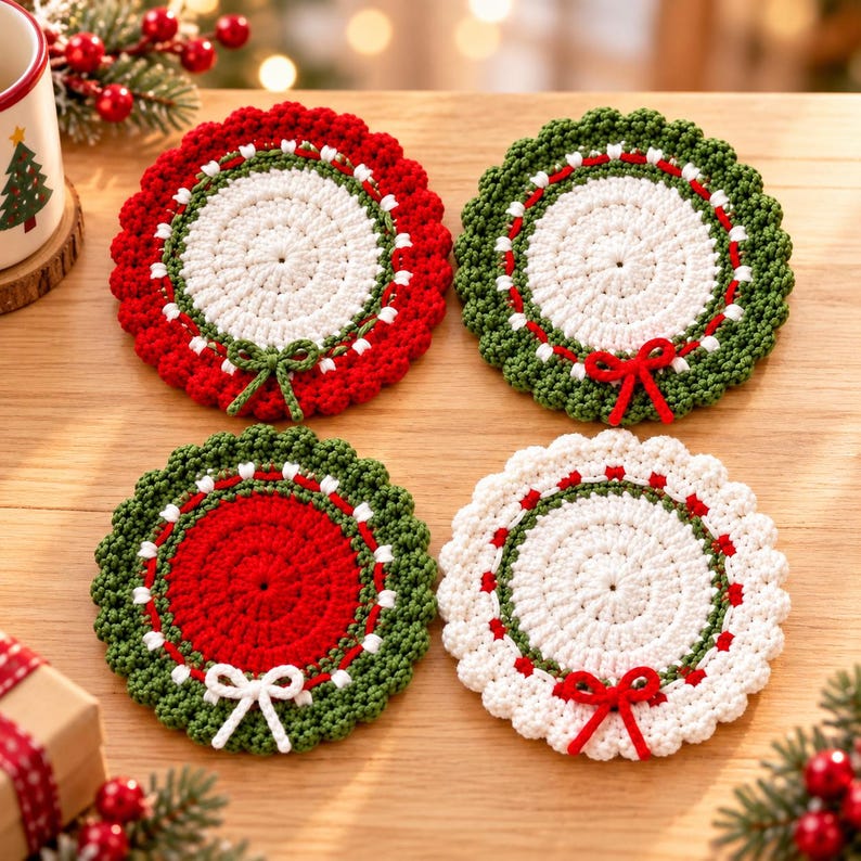 Merry Christmas Wreath Crochet Coaster, Handmade Holiday Coasters, Crochet Santa Coaster, Christmas Crochet Decor, Holiday Mug Rug