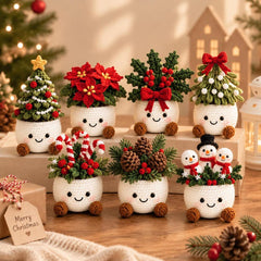 Crochet Christmas Pots, Festive Crochet Plants, Snowman Poinsettia Mini Xmas Decor, Handmade Holiday Shelf Ornament, Secret Santa Gift