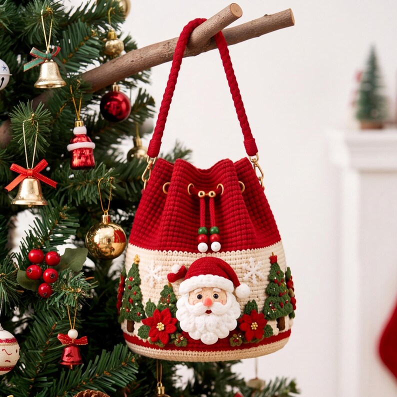Christmas Crochet Bucket Bag, DIY Crochet Kit or Finished Crossbody Bag, Handmade Santa Reindeer Holiday Bag