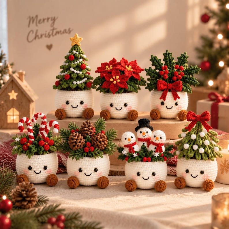 Crochet Christmas Pots, Festive Crochet Plants, Snowman Poinsettia Mini Xmas Decor, Handmade Holiday Shelf Ornament, Secret Santa Gift