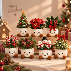Crochet Christmas Pots, Festive Crochet Plants, Snowman Poinsettia Mini Xmas Decor, Handmade Holiday Shelf Ornament, Secret Santa Gift