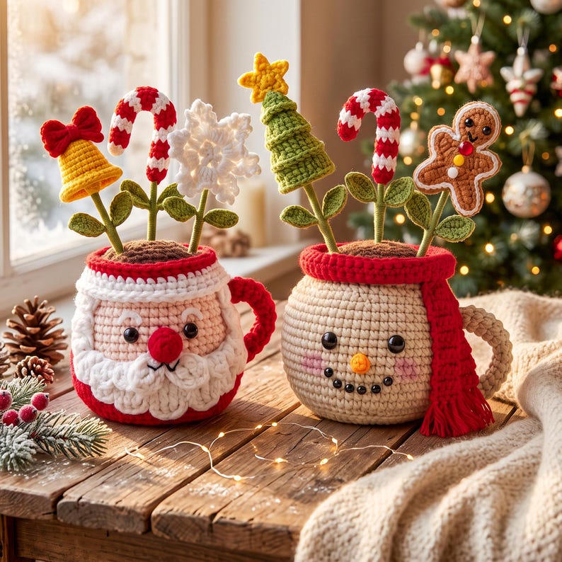 Crochet Christmas Plant Pot, Christmas Decor Gift ,Christmas Amigurumi, Festive Desk Ornament
