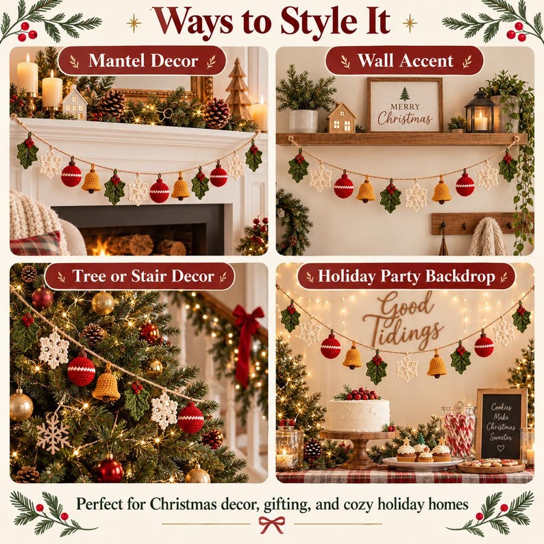 Crochet Christmas Garland, Handmade Mantel Decor, Holly Snowflake Bell Ornaments, Holiday Fireplace Bunting
