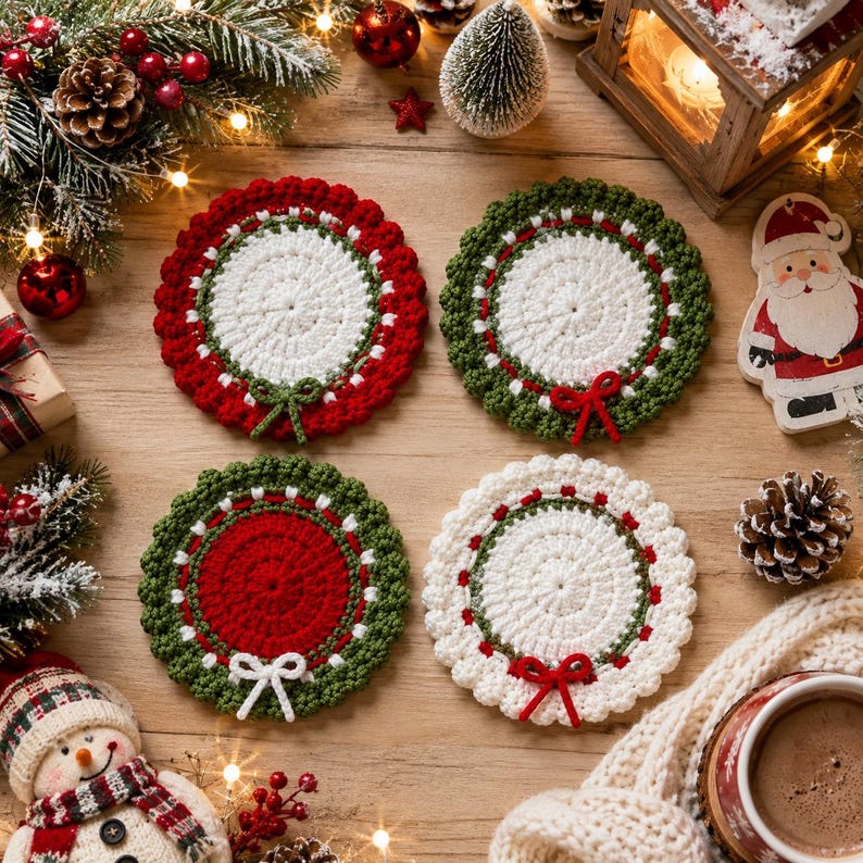Merry Christmas Wreath Crochet Coaster, Handmade Holiday Coasters, Crochet Santa Coaster, Christmas Crochet Decor, Holiday Mug Rug