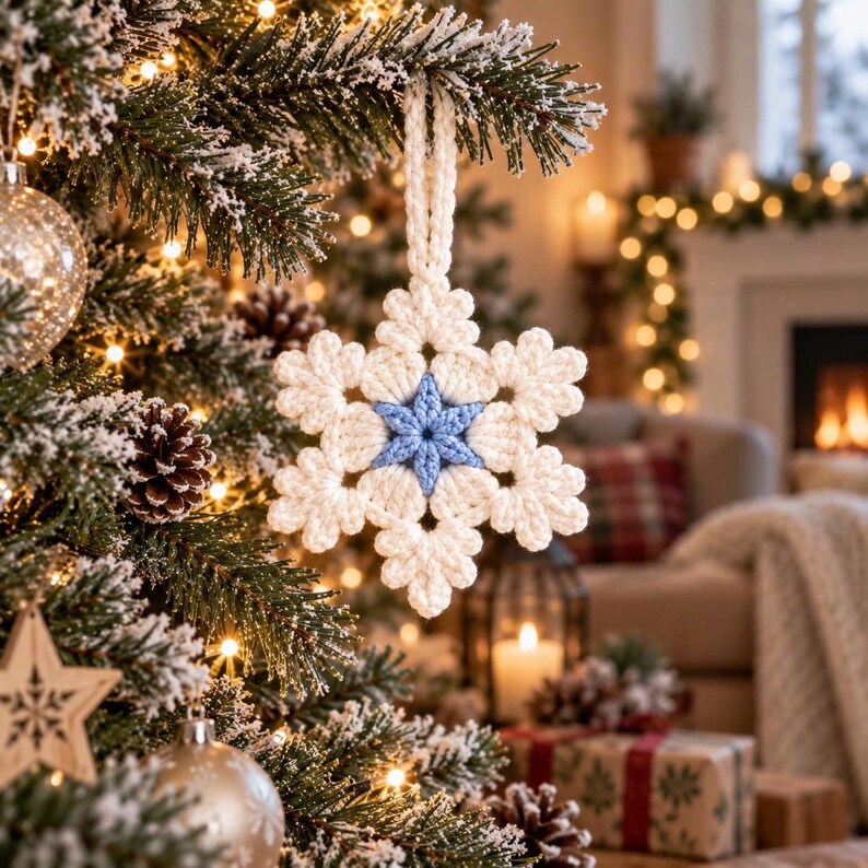 Crochet Snowflake Ornaments Set of 6 or 8, Handmade Christmas Tree Decorations, White Winter Decor, Small Hanging Snowflakes