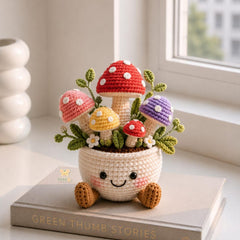 Crochet Flower Pot Set with Mushroom Sunflower Lavender Strawberry Rose Tulip Designs