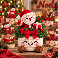 Crochet Xmas Planter, Christmas Amigurumi Basket, Cute Holiday Shelf Sitter, Santa Snowman Tree Decor, Festive Table Centerpiece, Xmas Gift