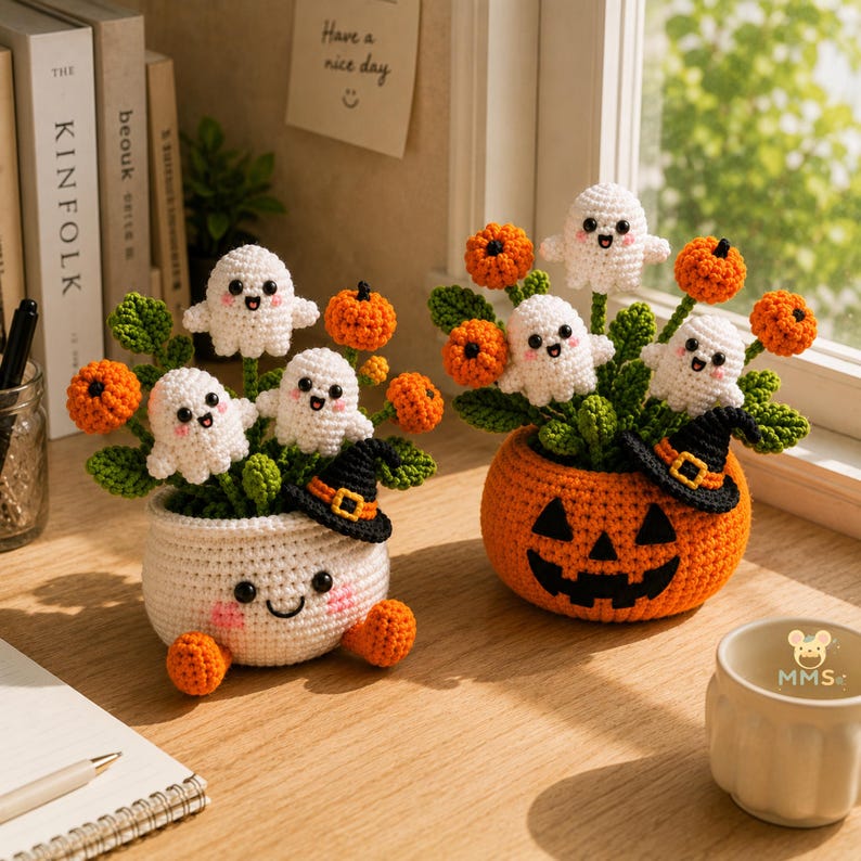 Crochet Ghost Flower Pot Halloween Desk Decor | Spooky Amigurumi with Pumpkin Flowers
