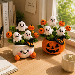 Crochet Ghost Flower Pot Halloween Desk Decor | Spooky Amigurumi with Pumpkin Flowers