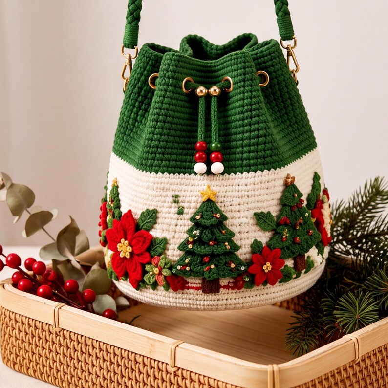 Christmas Crochet Bucket Bag, DIY Crochet Kit or Finished Crossbody Bag, Handmade Santa Reindeer Holiday Bag