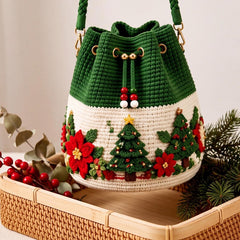 Christmas Crochet Bucket Bag, DIY Crochet Kit or Finished Crossbody Bag, Handmade Santa Reindeer Holiday Bag