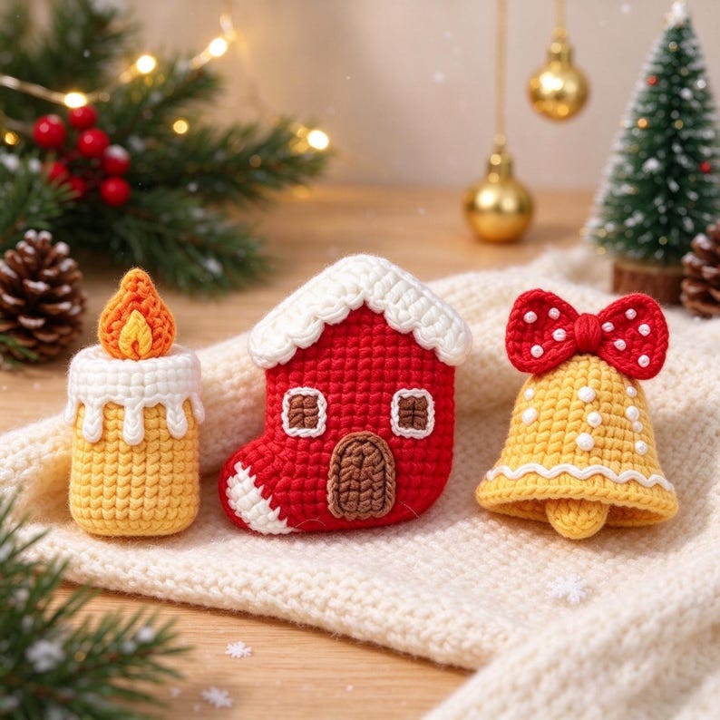 Handmade Crochet Christmas Ornament Set, Cute Amigurumi Gift Box, Santa Candy Cane Tree House Bell Candle, Tiered Tray Decor, Christmas Gift