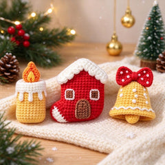 Handmade Crochet Christmas Ornament Set, Cute Amigurumi Gift Box, Santa Candy Cane Tree House Bell Candle, Tiered Tray Decor, Christmas Gift