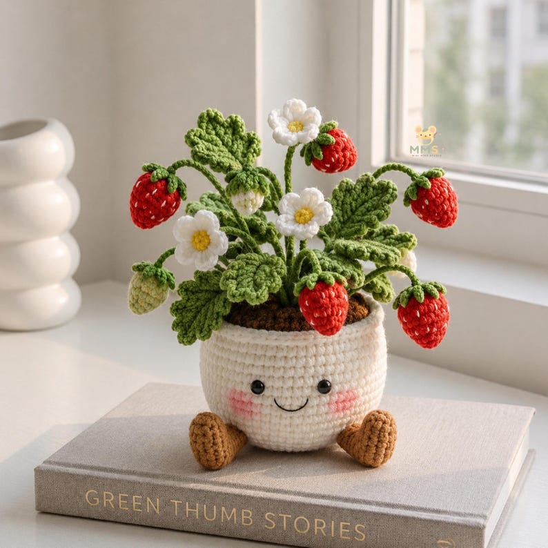 Crochet Flower Pot Set with Mushroom Sunflower Lavender Strawberry Rose Tulip Designs