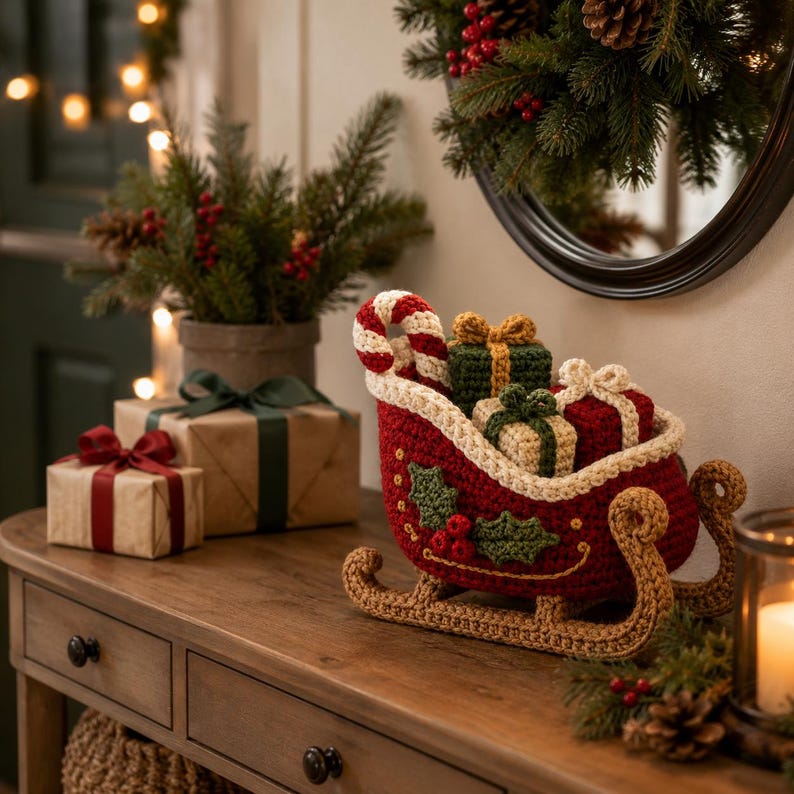 Crochet Christmas Sleigh, Handmade Xmas Sleigh Decor, Crochet Gift Basket, Christmas Table Decor, Holiday Centerpiece, Xmas Gift