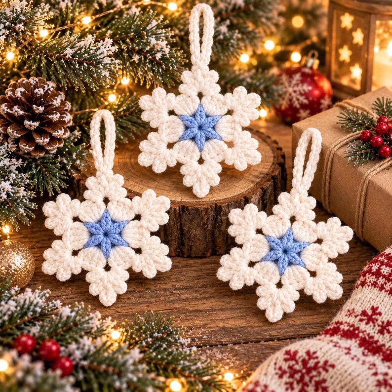 Crochet Snowflake Ornaments Set of 6 or 8, Handmade Christmas Tree Decorations, White Winter Decor, Small Hanging Snowflakes