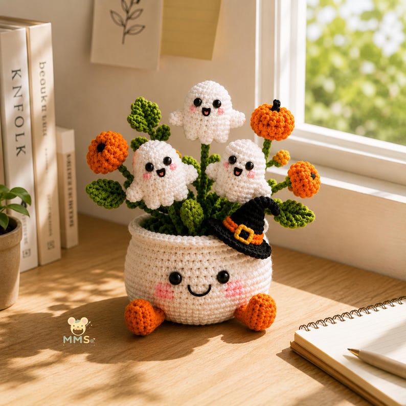 Crochet Ghost Flower Pot Halloween Desk Decor | Spooky Amigurumi with Pumpkin Flowers