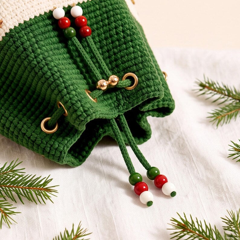 Christmas Crochet Bucket Bag, DIY Crochet Kit or Finished Crossbody Bag, Handmade Santa Reindeer Holiday Bag
