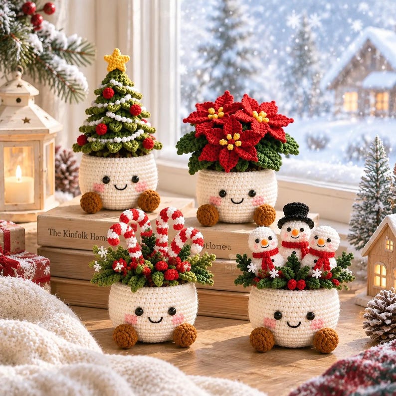 Crochet Christmas Pots, Festive Crochet Plants, Snowman Poinsettia Mini Xmas Decor, Handmade Holiday Shelf Ornament, Secret Santa Gift