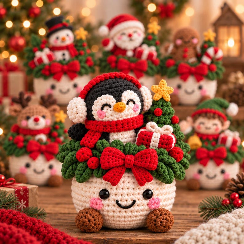 Crochet Xmas Planter, Christmas Amigurumi Basket, Cute Holiday Shelf Sitter, Santa Snowman Tree Decor, Festive Table Centerpiece, Xmas Gift