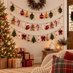 Crochet Christmas Garland, Handmade Mantel Decor, Holly Snowflake Bell Ornaments, Holiday Fireplace Bunting