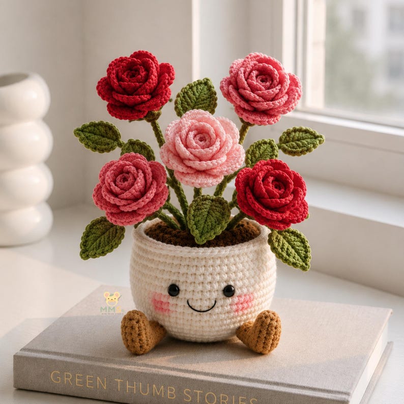 Crochet Flower Pot Set with Mushroom Sunflower Lavender Strawberry Rose Tulip Designs