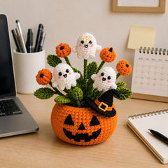 Crochet Ghost Flower Pot Halloween Desk Decor | Spooky Amigurumi with Pumpkin Flowers