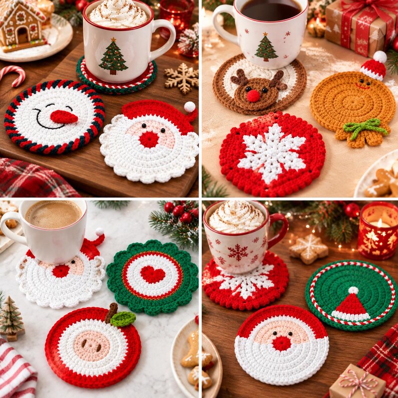 Handmade Crochet Christmas Coasters, Cute Animal Mug Rugs, Holiday Mug Rugs, Kawaii Table Decor, Gift for Coffee Lovers