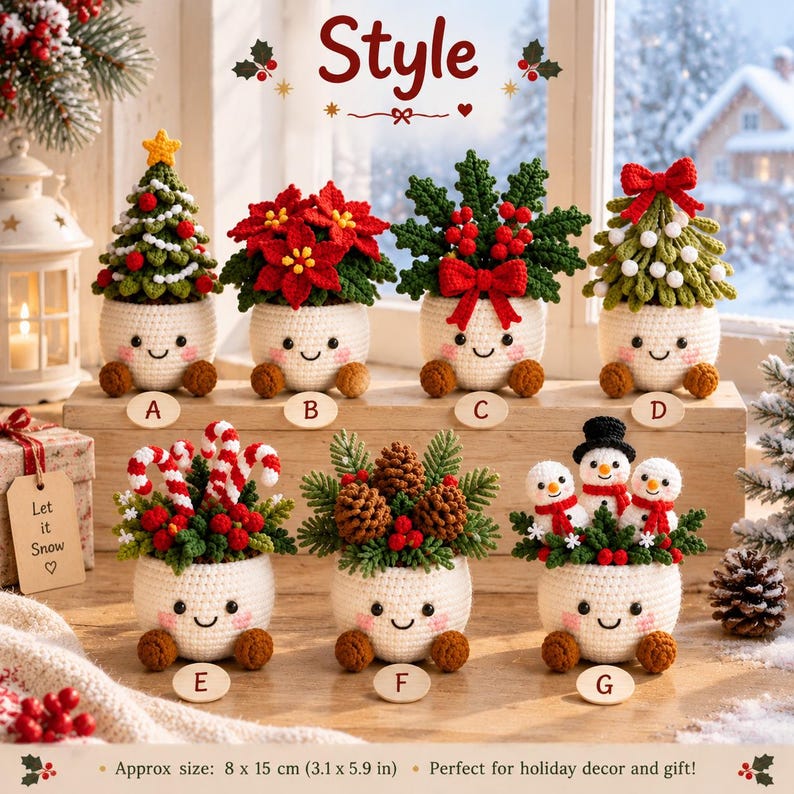 Crochet Christmas Pots, Festive Crochet Plants, Snowman Poinsettia Mini Xmas Decor, Handmade Holiday Shelf Ornament, Secret Santa Gift