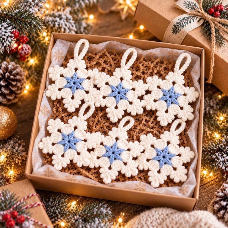 Crochet Snowflake Ornaments Set of 6 or 8, Handmade Christmas Tree Decorations, White Winter Decor, Small Hanging Snowflakes
