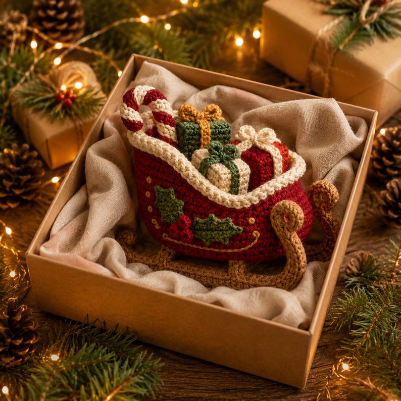 Crochet Christmas Sleigh, Handmade Xmas Sleigh Decor, Crochet Gift Basket, Christmas Table Decor, Holiday Centerpiece, Xmas Gift