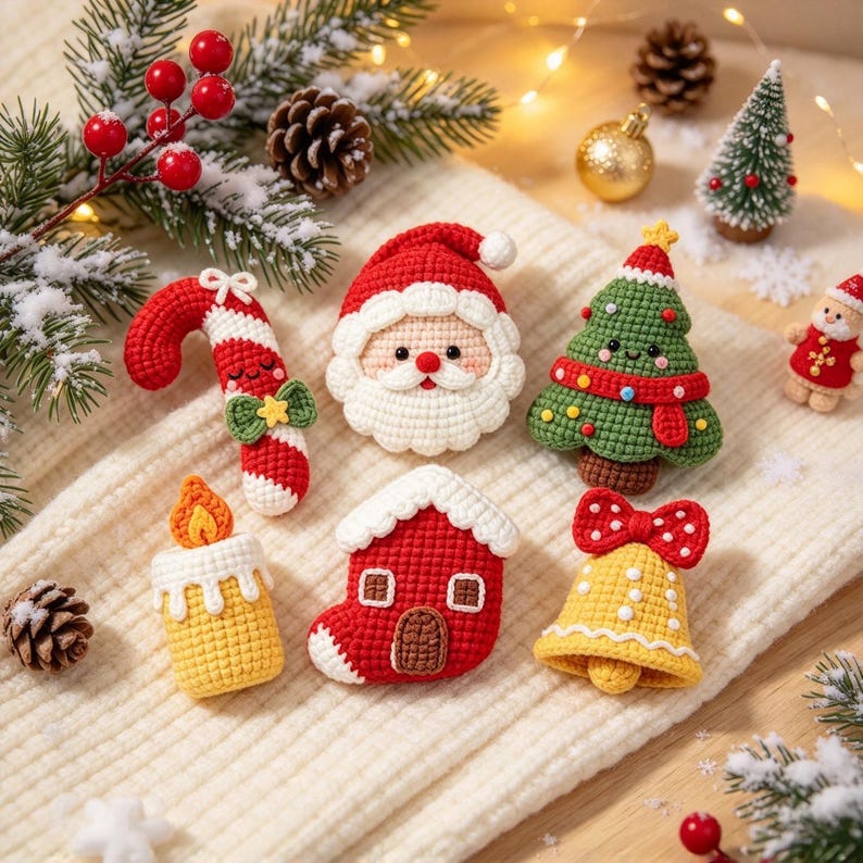 Handmade Crochet Christmas Ornament Set, Cute Amigurumi Gift Box, Santa Candy Cane Tree House Bell Candle, Tiered Tray Decor, Christmas Gift