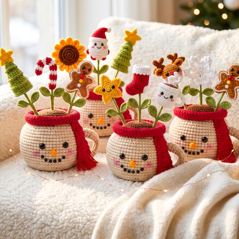Crochet Christmas Plant Pot, Christmas Decor Gift ,Christmas Amigurumi, Festive Desk Ornament